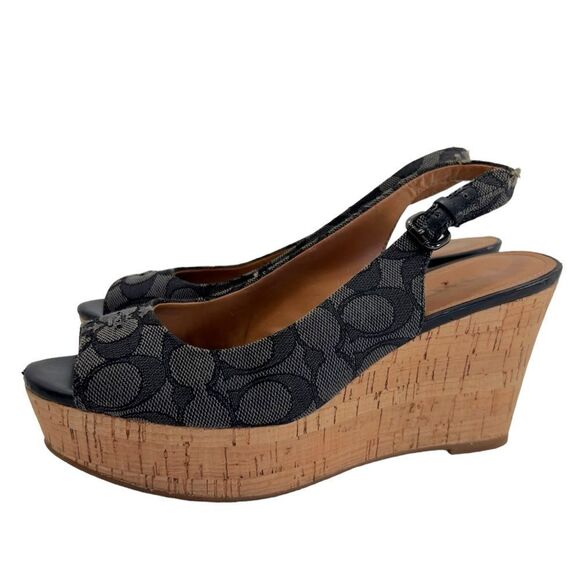 Coach Ferry Wedge Jacquard Monogram Black/Smoke/Black Cork Shoes - Picture 1 of 16